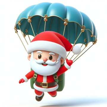 Cute character 3D image of a Santa parachuting , funny, happy, smile, white background