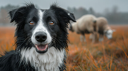 Fototapeta premium A tight shot of a dog in a lush grassfield Sheep graze in the background One dog gazes at the camera
