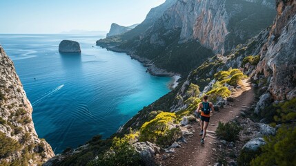Trail runner disappearing around a bend on a coastal path overlooking turquoise waters and dramatic...