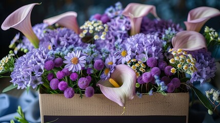   A wooden box overflowing with purple flowers and white calla lilies atop a blue-and-white tablecloth