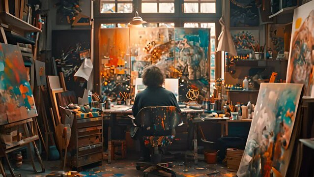 Art studio with an artist surrounded by canvases, paint, and creative tools.generative ai