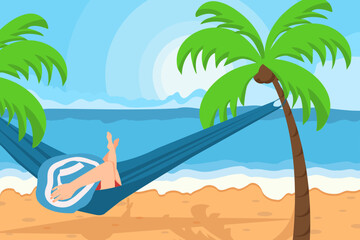 Fototapeta na wymiar Tropical colorful summer beach,palm leaves,girl relaxing in hammock. Template for invitation, sale, poster, home decor, cover, wallpaper. Vector illustration