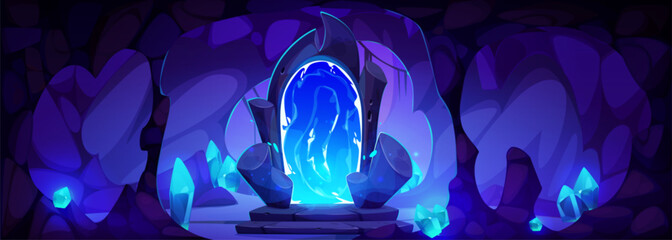 Magic glowing portal door in underground dark cave with blue gem stone crystals. Cartoon vector game ui design interior of dungeon with treasure and fantasy teleport entrance or gate to parallel world
