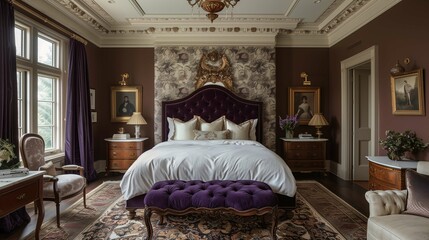 Luxurious Victorian Bedroom Interior with Elegant Furniture - obrazy, fototapety, plakaty