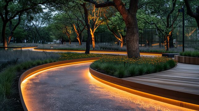 Illuminated Pathway in Tranquil Park at Dusk