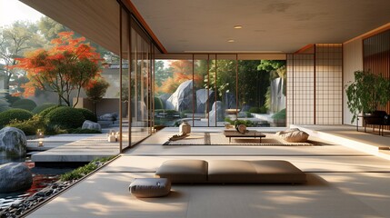Fototapeta premium Modern Japanese-style Living Room Overlooking a Zen Garden