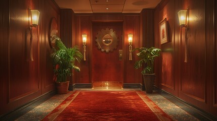 Fototapeta premium Elegant Hotel Elevator Lobby with Decorative Wall Mirror
