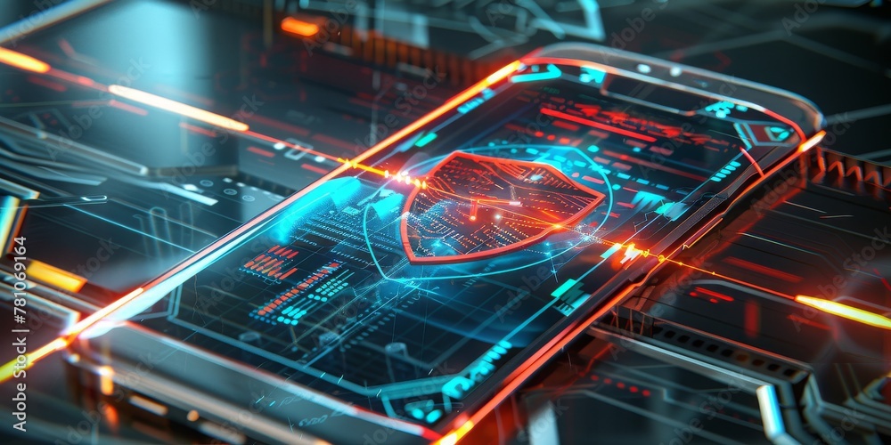 Poster Securing the Digital Frontier: A Smartphone Embodying Advanced Security Measures Against a High-Tech Circuitry Background, Generative AI