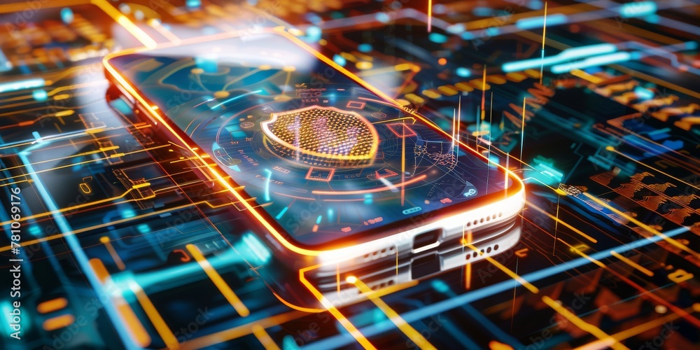 Poster Securing the Digital Frontier: A Smartphone Embodying Advanced Security Measures Against a High-Tech Circuitry Background, Generative AI