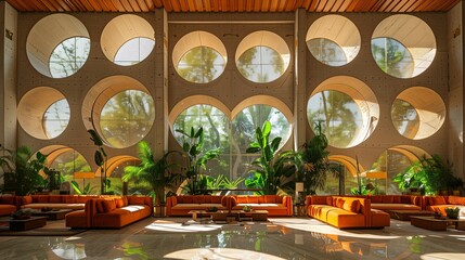 Modern Hotel Lobby with Circular Windows and Orange Sofas