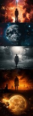 Fototapeta premium Produce a long shot composite image featuring a selection of striking movie scenes that epitomize the unmistakable directorial trademarks of cinema legends carefully arrange each scene 