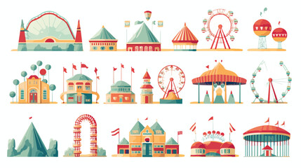 Flat vector set of amusement park icons. Funfair at