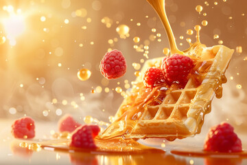 Waffles with syrup and raspberries in mid-air, capturing a dynamic and delicious moment