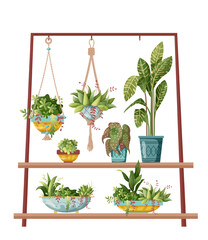 Houseplant and macrame plant growing in pots. Handmade home decorations flower rack and macrame plants isolated on white background. Cartoon flat illustration.