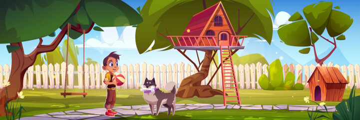 Backyard with children house on tree, swing and little kid boy with dog. Cartoon vector illustration summer suburban yard landscape with woods, grass and fence. Child with pet in country garden. - obrazy, fototapety, plakaty