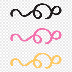 Swirly line doodle. Swoosh and swash, swish vector line icon, black underline set, hand drawn swirl and curly text elements isolated on white background. Doodle retro collection, used in web in eps10.