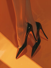 A close-up showcases a woman's sleek legs in black high heels set against an orange background. - obrazy, fototapety, plakaty