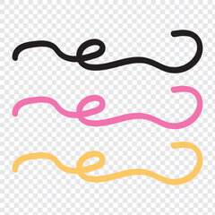 Swirly line doodle. Swoosh and swash, swish vector line icon, black underline set, hand drawn swirl and curly text elements isolated on white background. Doodle retro collection, used in web in eps10.