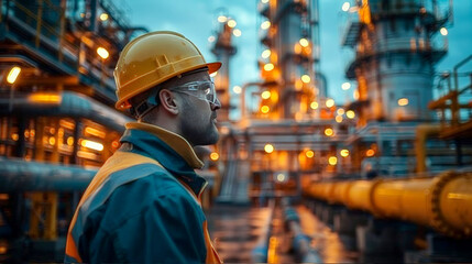 Workers in a large industrial plant, chemical or oil industry