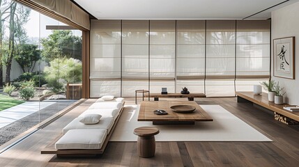 Modern Japanese-style Living Room Interior with Garden View - obrazy, fototapety, plakaty