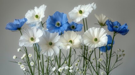   White and blue flowers are arranged in a vase with green stems