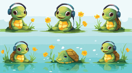 Flat vector set of cute turtles in different action