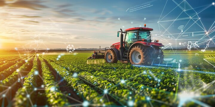 Fototapeta Farming in the Digital Age: Advanced Tractor Technology Enhances Precision and Efficiency on a Futuristic Smart Farm, Generative AI