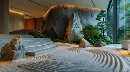 Zen Garden Interior with Raked Sand and Bonsai Trees