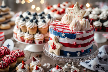 American flag-themed cake and cupcakes for 4th of July celebration - Powered by Adobe