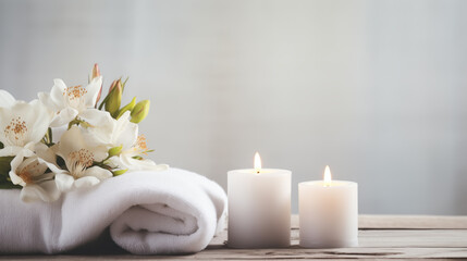 Fototapeta na wymiar Relaxing spa atmosphere with candles, white towels, and alstroemeria flowers.