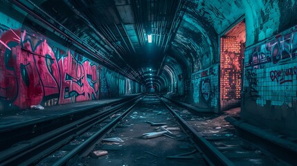 Graffiti Wonderland: Abandoned Subway Journey./n - obrazy, fototapety, plakaty