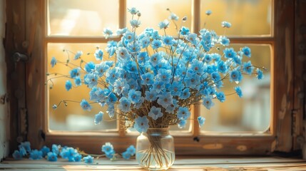   A vase, brimming with blue flowers, rests atop a windowsill Nearby, a weathered wooden windowsill supports the structure
