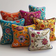 Plush cushions in vibrant colors and intricate designs ,3d render on isolate white background