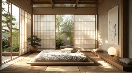 Traditional Japanese Bedroom with Tatami Mat and Shoji Doors - obrazy, fototapety, plakaty