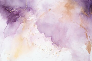 An abstract watercolor background with gentle pastel tones of light pink and purple, elevated by glistening golden stripes and splatters. - 781072345