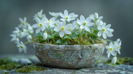   A bowl brimming with white blooms atop a moss-covered rock, green and adorned with lichen and moss - obrazy, fototapety, plakaty