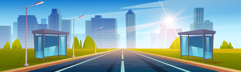 Straight road to modern city with high buildings, street lights and bus stops. Cartoon vector illustration of asphalt highway lead to metropolis with skyscrapers, sun on blue sky during summer day. - obrazy, fototapety, plakaty