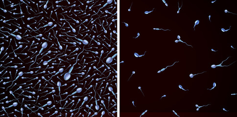 Sperm Count And Quality as Male Infertility and reproduction issues as healthy or abnormal microscopic spermatozoa cells swimming to fertilize as a urology symbol.