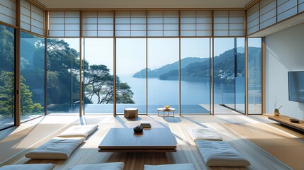 Modern Japanese Living Room with Lake View - obrazy, fototapety, plakaty