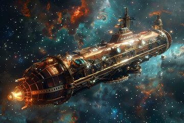 Majestic Steampunk Airship Soaring Amidst Celestial Gears and Opalescent Auroras in the Cosmic Sky