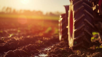 Close-up of a tractor tire in a field at sunset, farming agriculture concept. - obrazy, fototapety, plakaty
