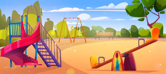 Children playground in morning summer park. Vector cartoon illustration of swing, seesaw, slide and bench on sandy ground, green lawn, trees and bushes under blue sunny sky, place for kids fun - obrazy, fototapety, plakaty