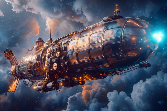 Majestic Steampunk Airship Soaring Amidst Celestial Auroras and Mechanical Wonders