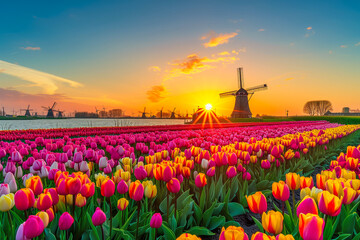 A field of tulips with a windmill in the background