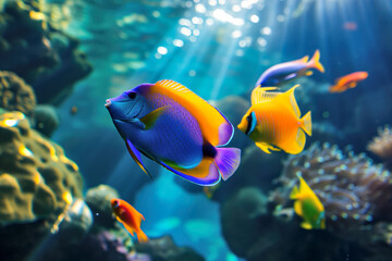 A colorful fish swims in a tank with other fish