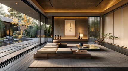 Modern Japanese Zen Interior with Garden View