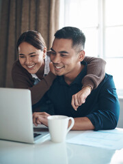 Couple, laptop and happy with budgeting in kitchen for debt review, savings profit and good credit...