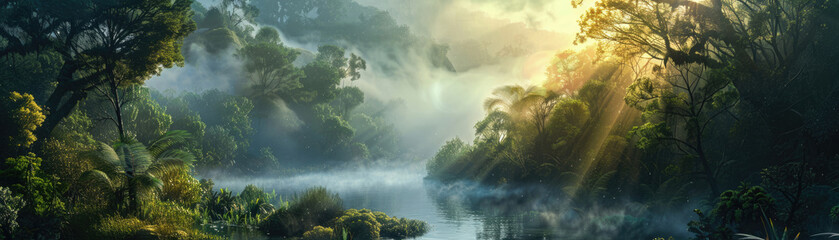 Natural beauty Rainforest River Sunrise in Mist, Panoramic View Scene - obrazy, fototapety, plakaty