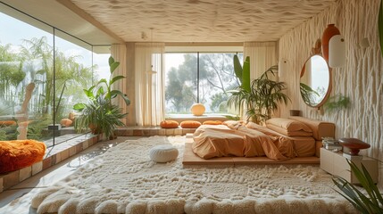 Modern Bedroom Interior with Natural Light and Plants - obrazy, fototapety, plakaty