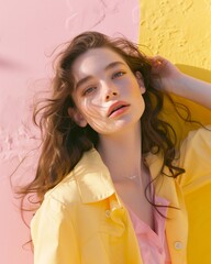 Close up portrait of fair skinned young woman with freckles on pink and yellow background,  summer lifestyle concept